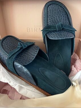 Alexandre Birman Teal Croc-Embossed Suede Bow Slide Mules